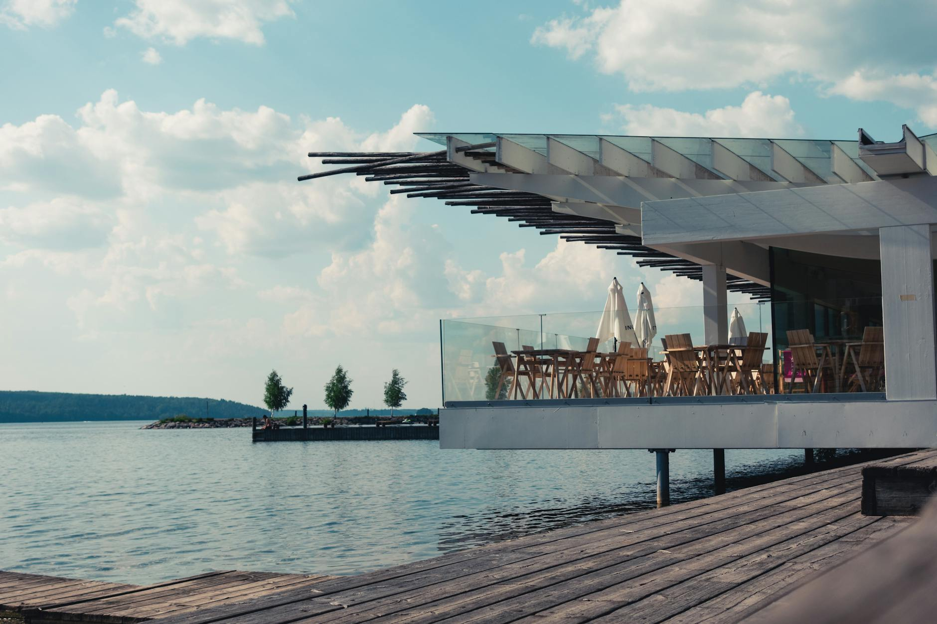 rustic restaurant terrace lake