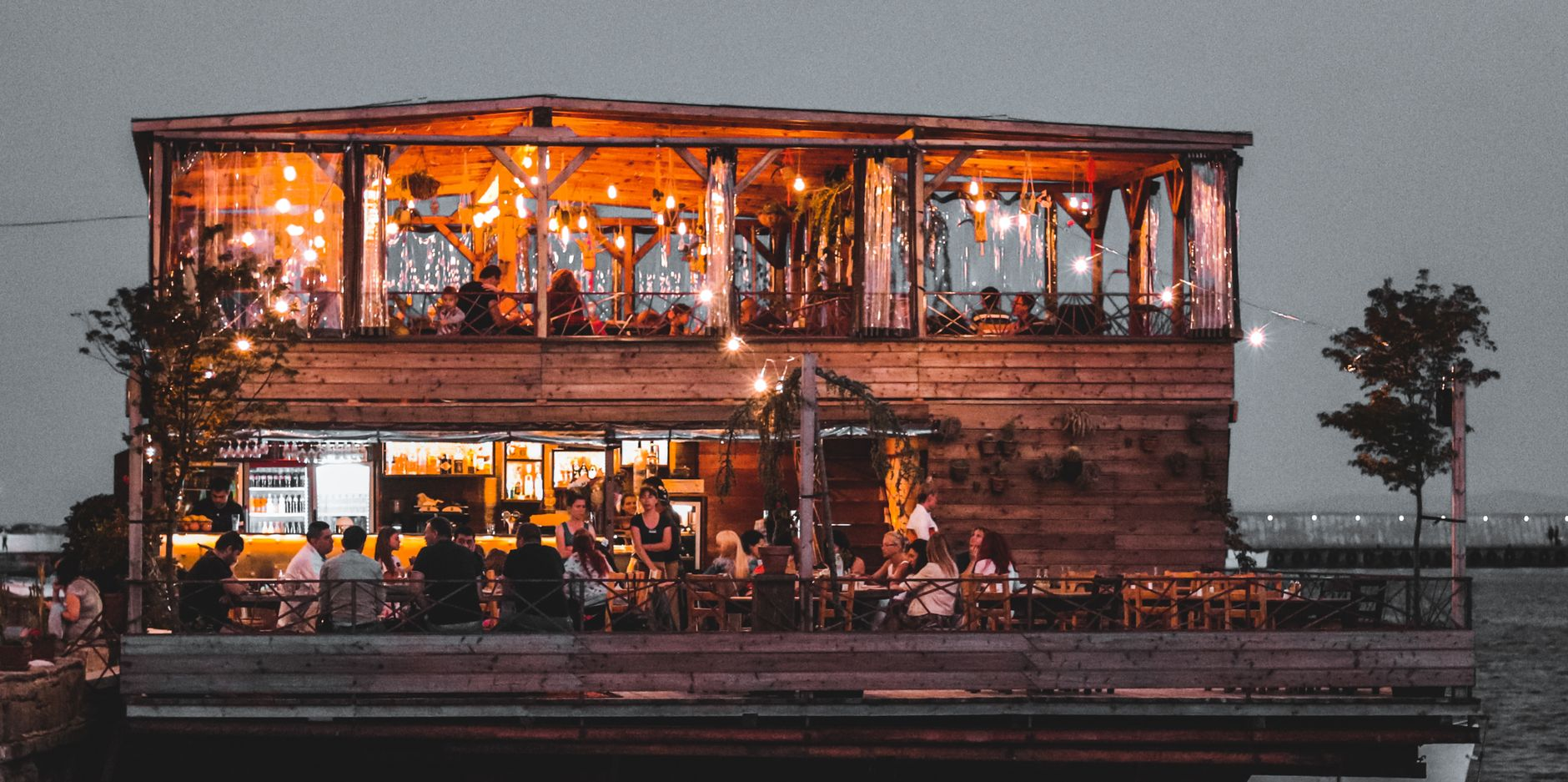 rustic restaurant terrace lake