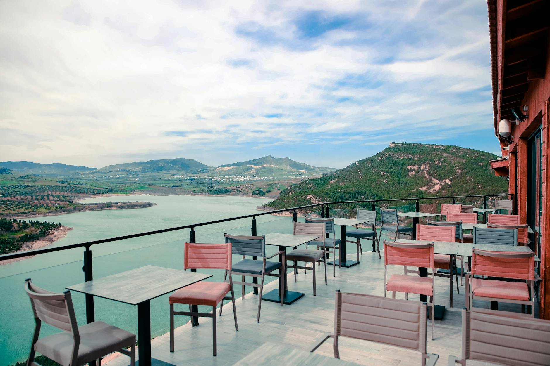 rustic restaurant terrace lake